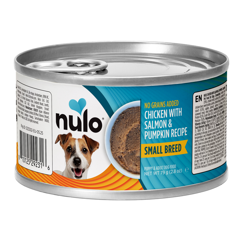 Receta paté para razas pequeñas de pollo, salmón y calabaza para perros