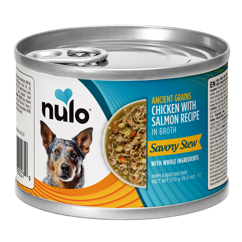 Receta estofados sabrosos con granos ancestrales de pollo y salmón para perros